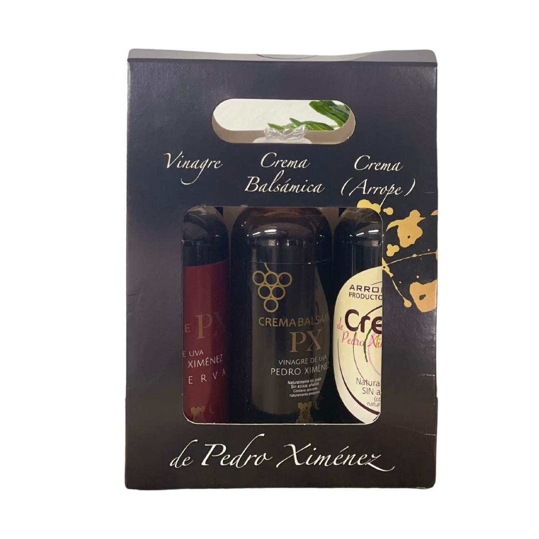 Packung mit Essig, Balsamico-Creme und PX-Sirup. 100 gr. Schloss Moriles.