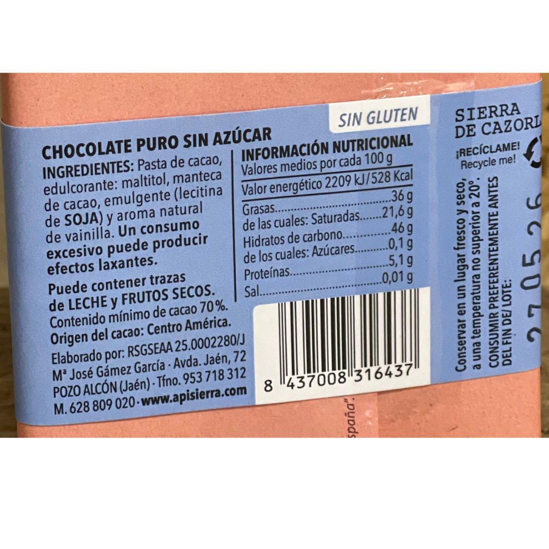 Chocolate Puro Sin Azúcar 70% (Apisierra)