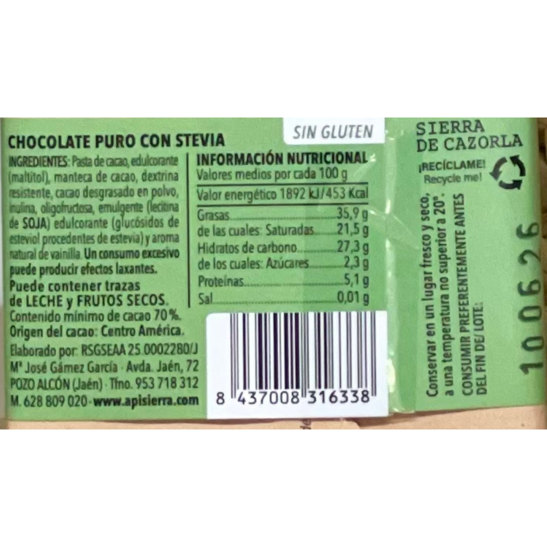 Chocolate puro con stevia 70% (apisierra)