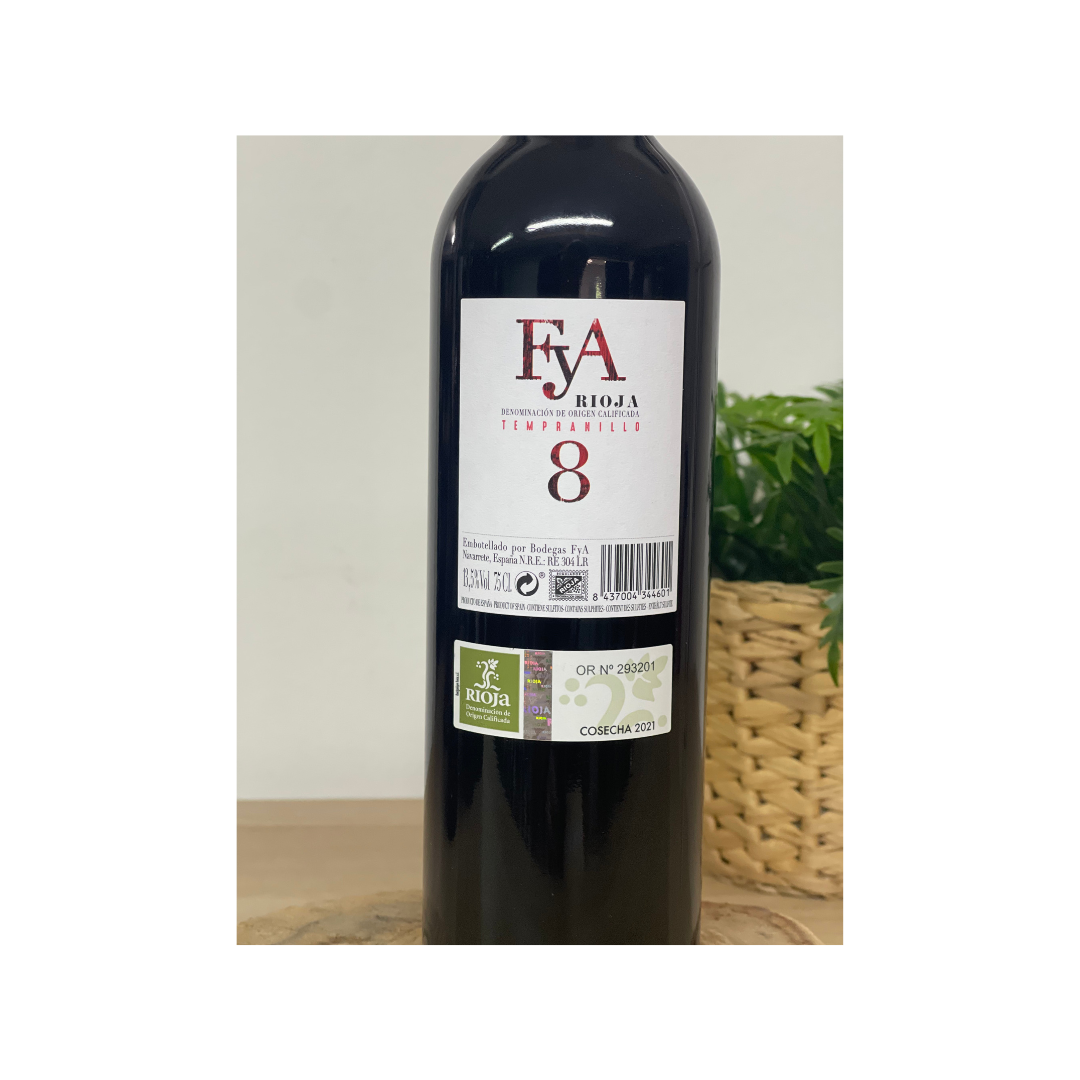 Vino Rioja Tempranillo 8 (Bodegas FyA). Cosecha 2021. 75 cl