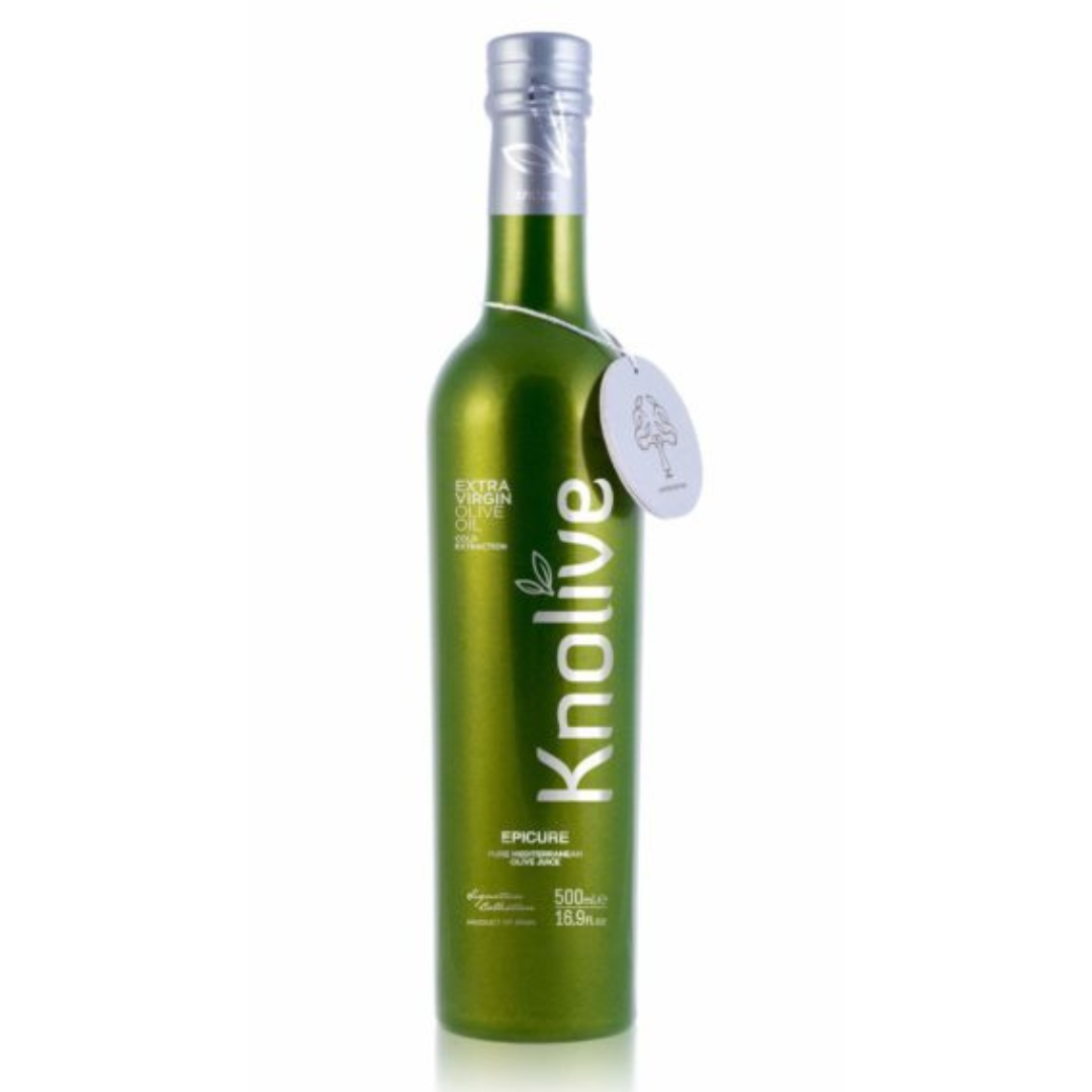 Knolive Epicure Natives Olivenöl Extra, 250 ml und 500 ml Glasflasche.