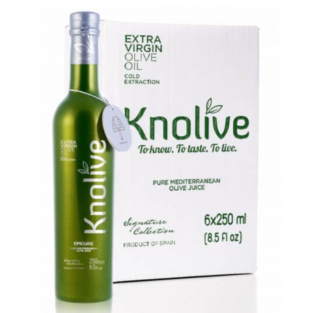 Knolive Epicure Natives Olivenöl Extra, 250 ml und 500 ml Glasflasche.