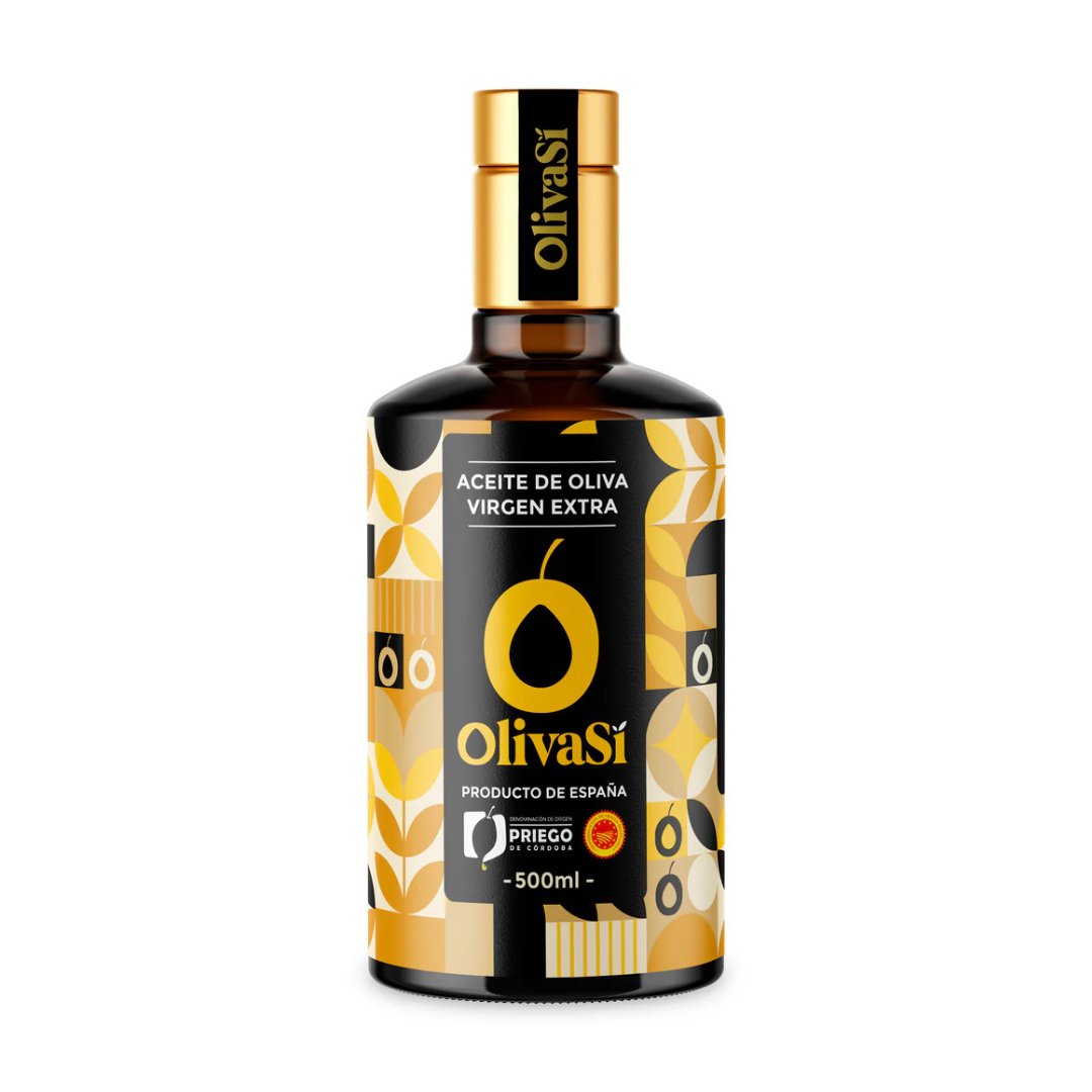 Extra Virgin Olive Oil with Designation of Origin Priego de Córdoba, OLIVA SÍ Golden Edition, 500ml, Hojiblanco – Picudo – Picual Blend.