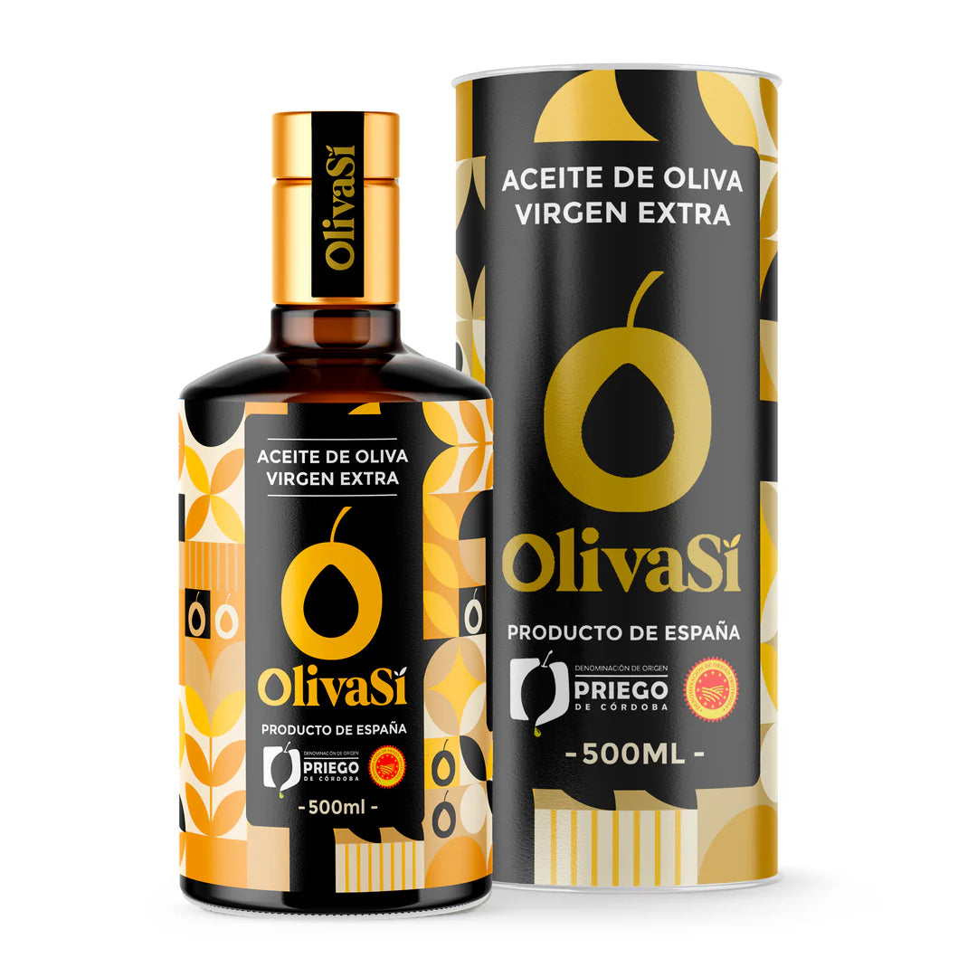 Extra Virgin Olive Oil with Designation of Origin Priego de Córdoba, OLIVA SÍ Golden Edition, 500ml, Hojiblanco – Picudo – Picual Blend.