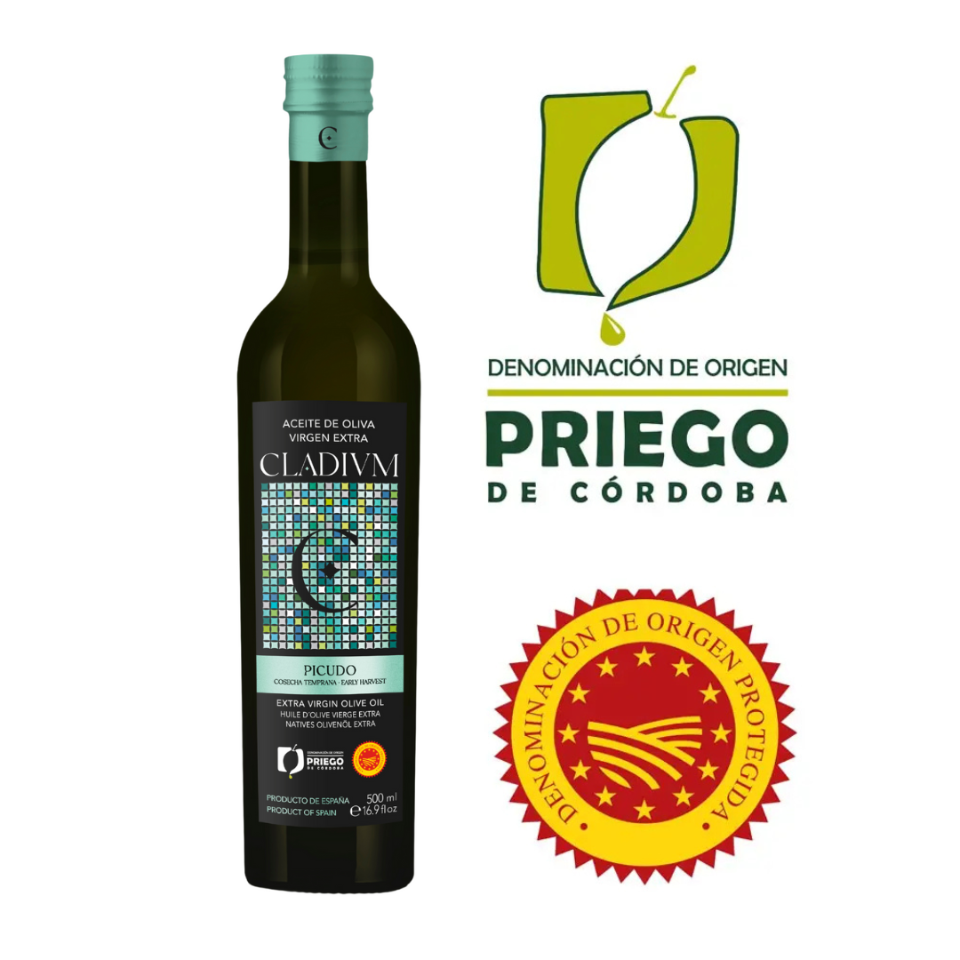 Cladivm Extra Virgin Olive Oil, 250 ml and 500 ml Glass Bottle (Picudo) Priego de Córdoba Designation of Origin